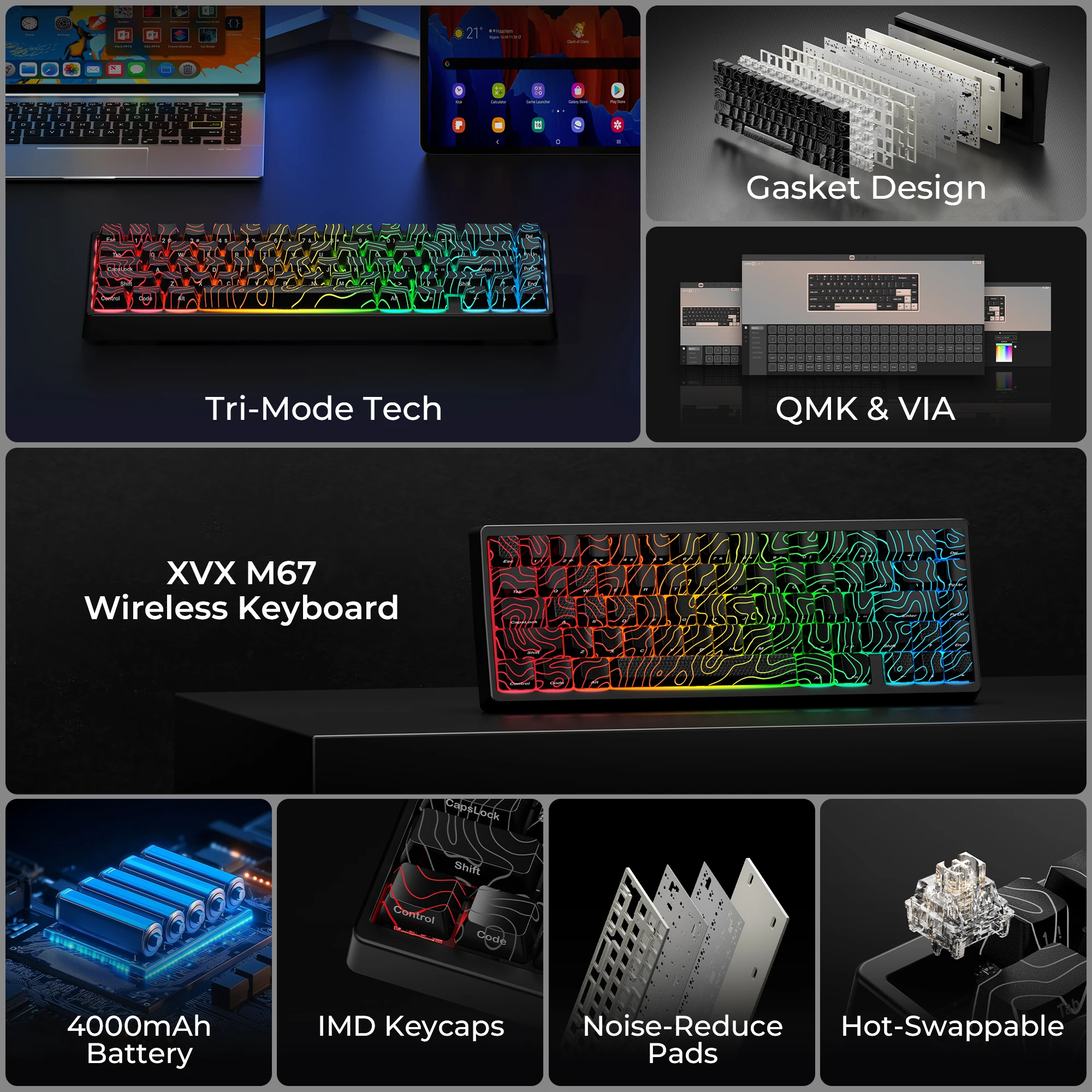 Teclado mecánico XVX M67 JadeStone con teclas IMD-Tech, añadir estabilizadores, teclado topográfico LED de tres modos