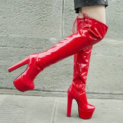 Patent Leather Red Sexy Super Thick High Heels Overknees Stretch Boots Platform Strippers Shoes Over-the-knees Big Size 46 45