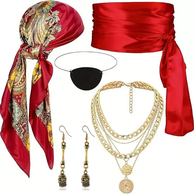 Set di accessori per costumi da pirata di Halloween per adulti per uomini e donne, cappello bandana da pirata per festa di carnevale con collana