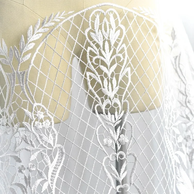 Palace Style Grid Embroidery Mesh Lace Fabric for DIY Sewing White Curtain Evening Wedding Dress Veil 130CM Wide 1Yard Long L144