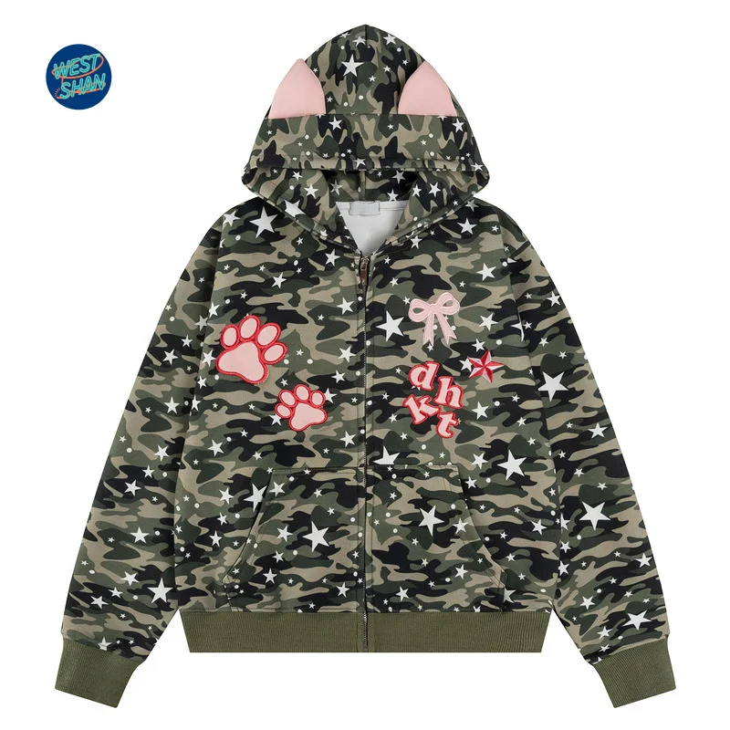 

Westshan Одежда высшего качества, размер ЕС, США, Y2K, толстовка с маленькими ушками и вышивкой собачьей лапы, женская уличная одежда, камуфляжный свитер с капюшоном