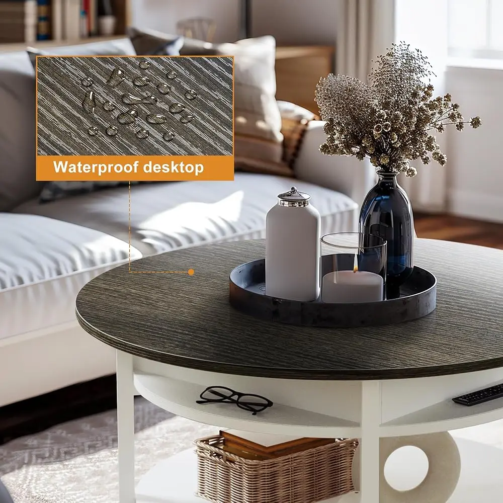 35.43”Round Lift-Top Coffee Table Large Storage With Hidden Compartment Round Coffee Table 2-Tier Farmhouse Style Living Room