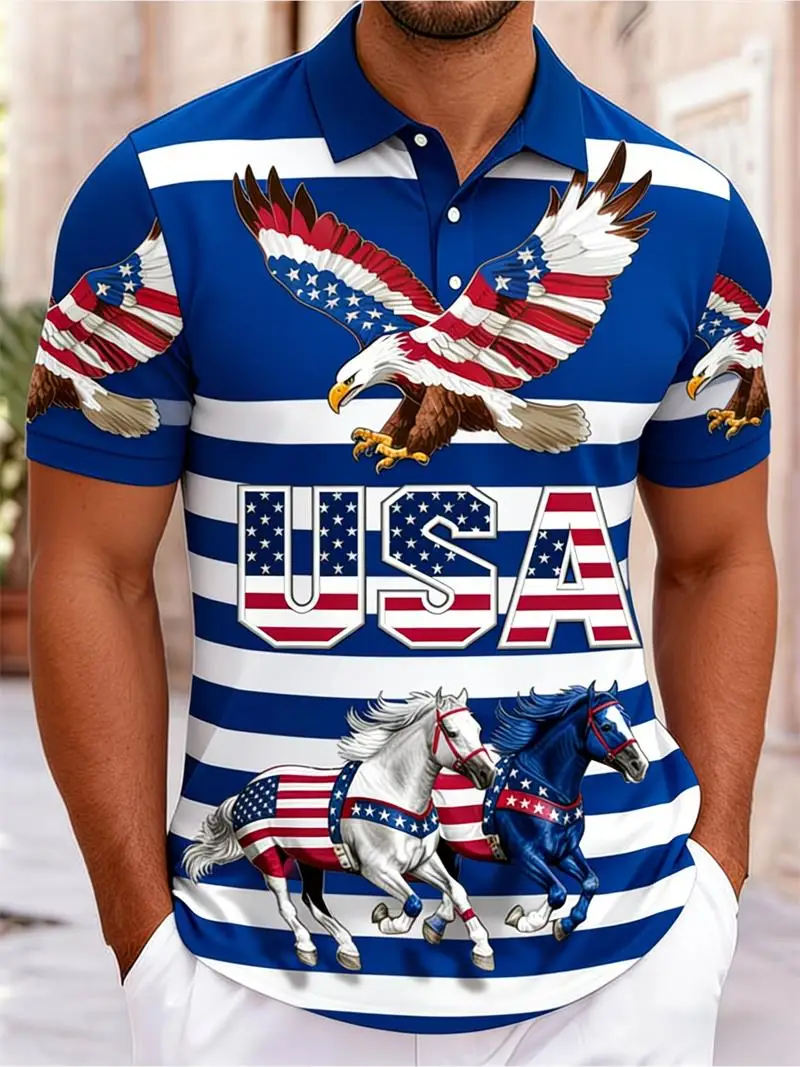 Patriotic USA 250 Memorial Polo Shirt Men Eagle Liberty Statue 3D Print Short Sleeve Breathable Streetwear For Summer Daily Wear