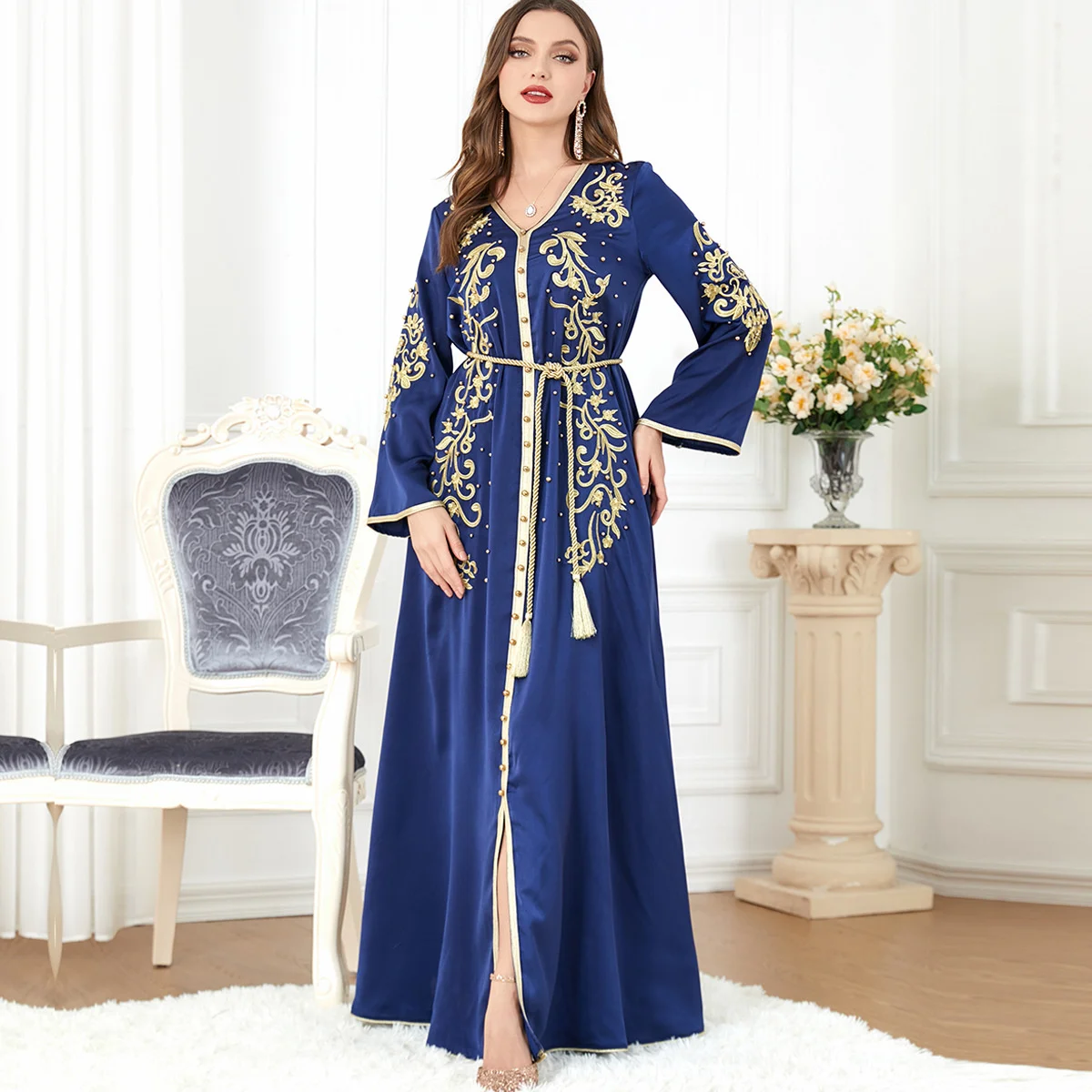 

3299 Muslim women's Arab dress new V-neck long-sleeved dress