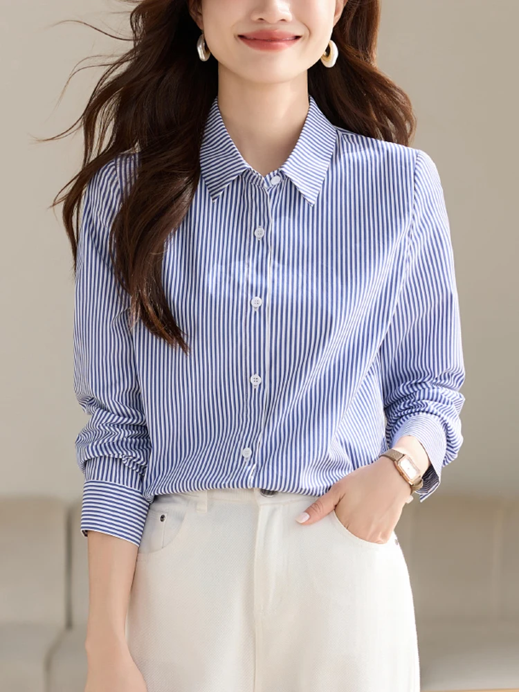 

Autumn Women Fashion Stripe Shirts Korean Lady Casual Long Sleeve Turn-down Collar Casual Loose Shirt Female Blouse Blusas Tops