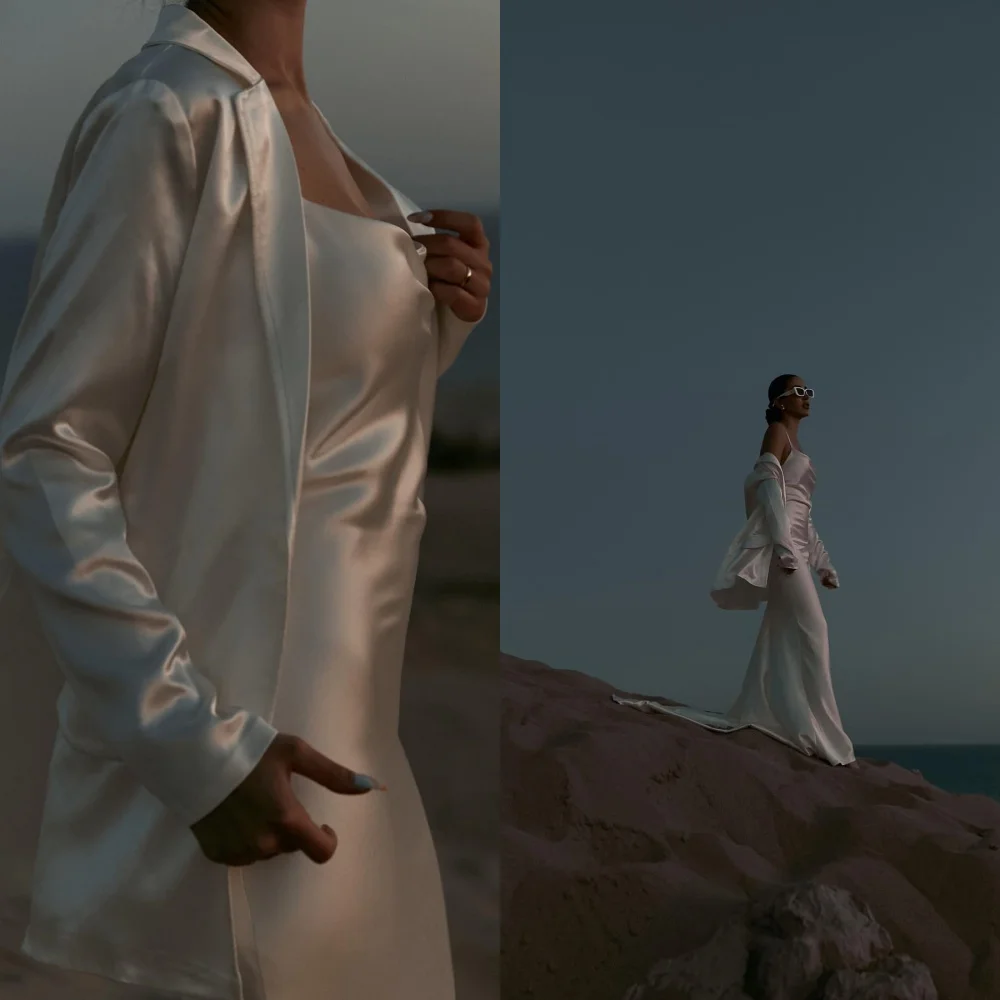 

Customized Luxury Champagne Satin Wedding Dress Elegant Strapless Spaghetti Straps Sleeveless Chapel Train Backless Bridal Gowns