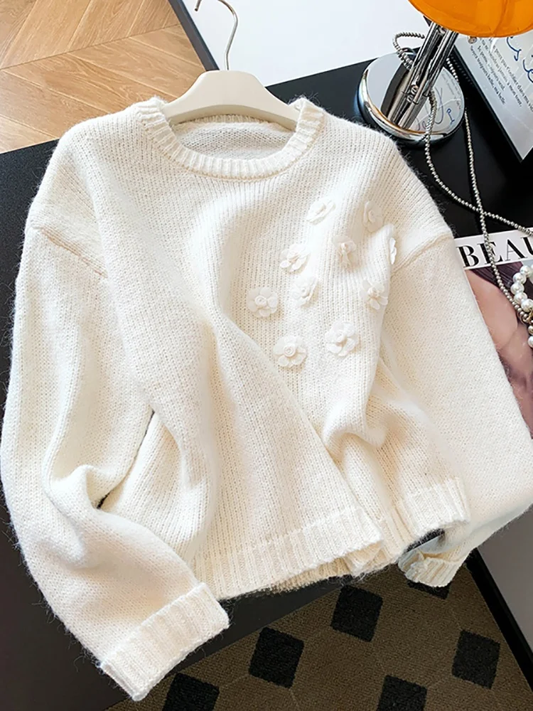 

Chao Level Recommended round Ne Slim Knitted Sweater Heavy Design Flower Top Women's Faion Autumn Winter Warm Knitwear