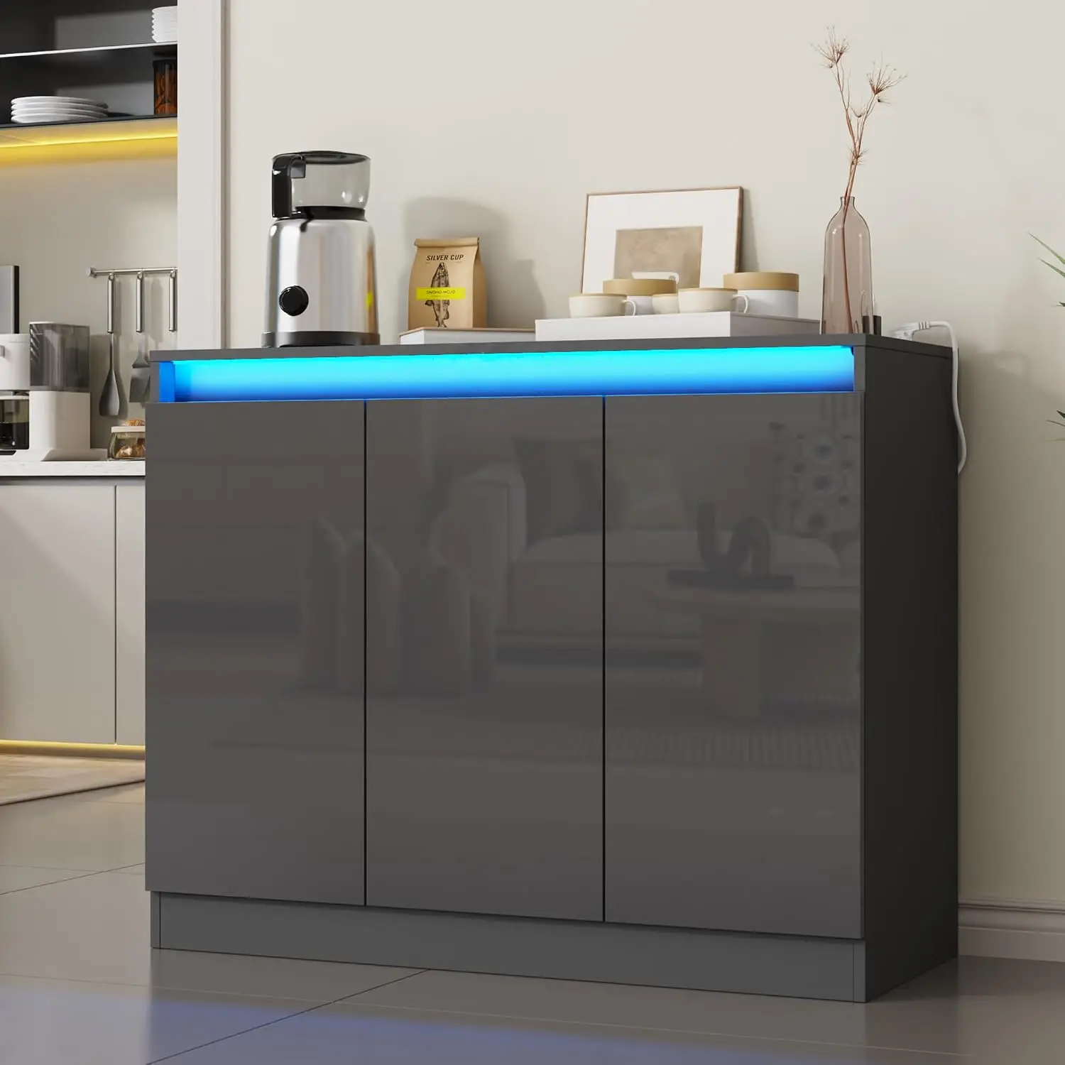 High Gloss Buffet Cabinet with LED Lights & Charging Station, Grey, Customized