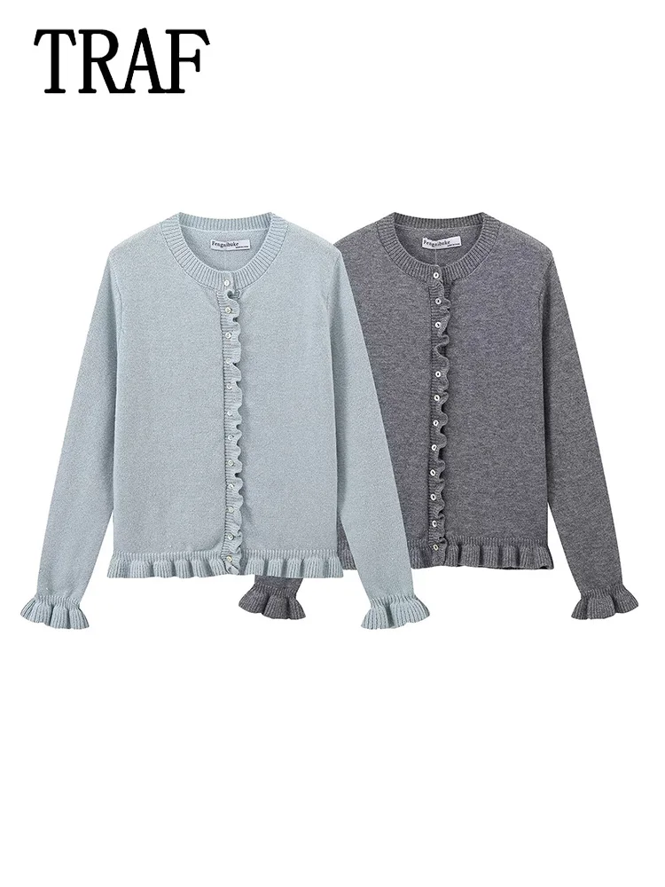 TRAF Women Ruffle Gray Knitted Cardigan Outerwears New Autumn Women Long Sleeve Sweater Elegant Button-Down Cardigan