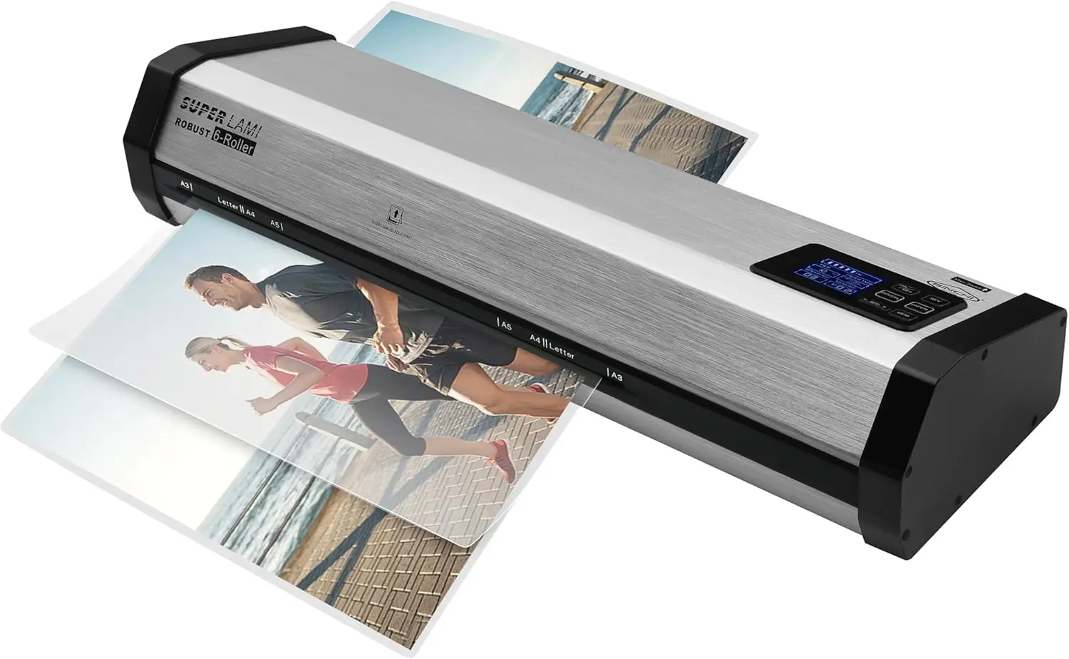 

Robust 6-Roller Laminator Machine with LCD Display, 3-10 Mil, Heavy Duty, 13-inch Thermal Laminating Machine for Commercial Use, 1.5-Minute Warm-up, 90 Inches/Minute, 105 Settings & 99 Memories