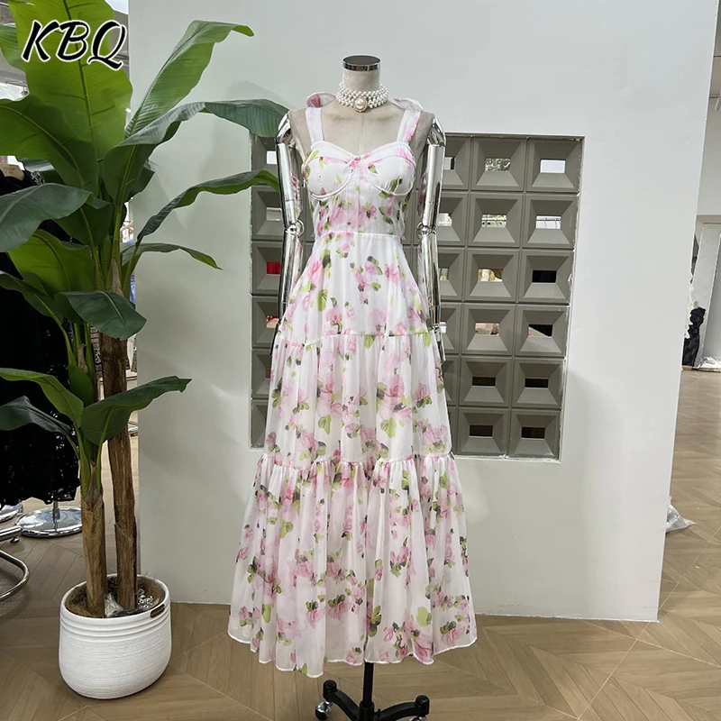 

KBQ Temperament Printing Slimming A Line Dresses for Women Square Collar Sleeveless High Wiast Elegaant Dress Female Fashion New