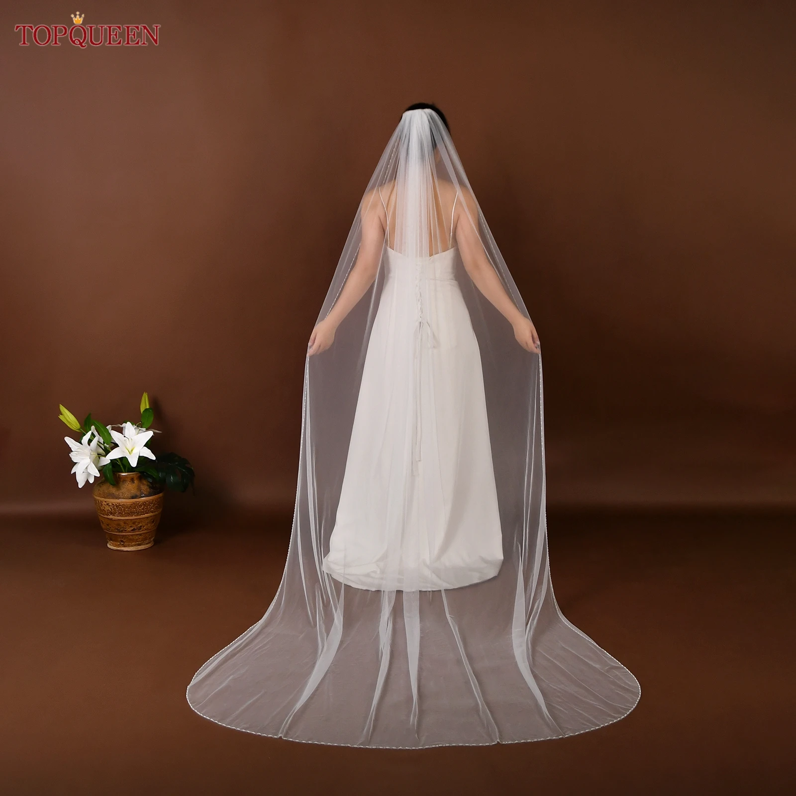 TOPQUEEN V107 Bridal Wedding Veil With Pearl Crystal Beads Crystal Beads Bridal Veil Wedding Crystal Beads Shiny Customizable image 3