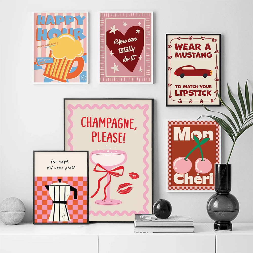 1pc frameless Canvas Painting Maximalist Pink Mon Chéri Quotes Print Murals French Fries Lipstick Wall Art Canvas Painting Poste