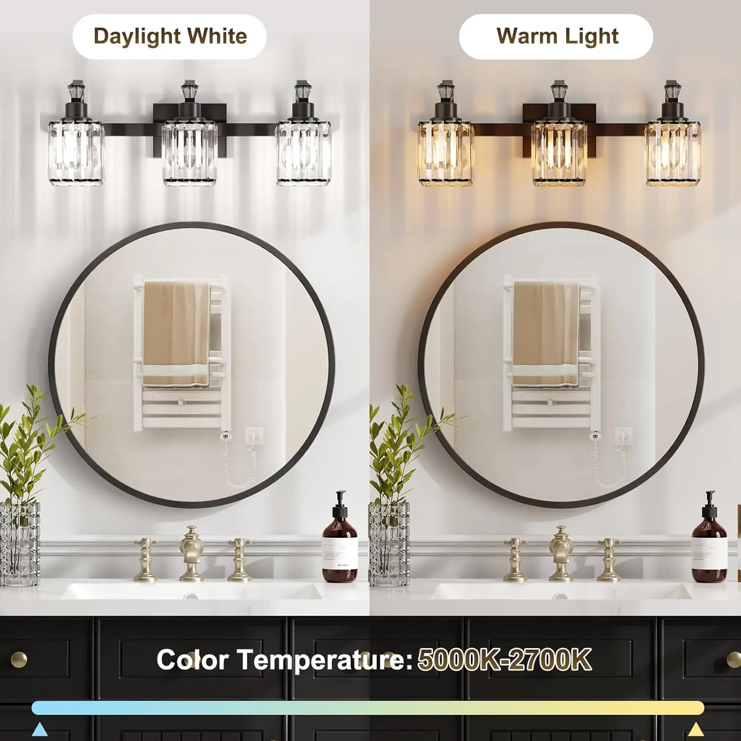 تركيبات إضاءة الحمام الغرور تركيبات إضاءة الغرور الكريستالية الحديثة فوق المرآة 3 أضواء الإضاءة المثبتة على الحائط مع غطاء مربع