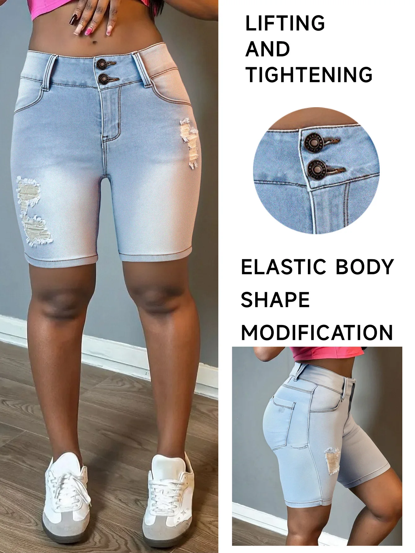 

Light blue women's tight stretch denim shorts with stylish holes and two-button design for casual wear in summer