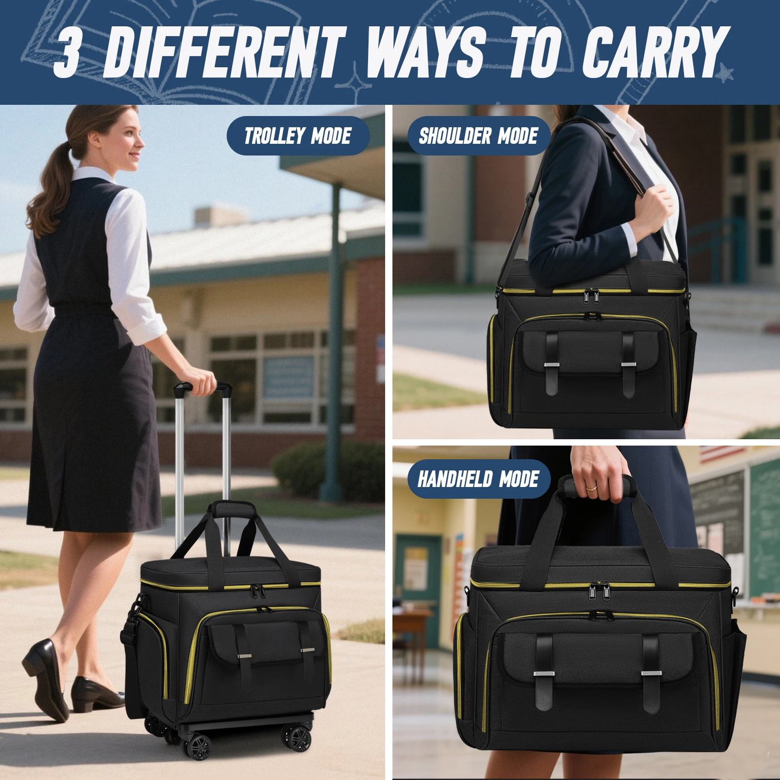 Multi Functional Rolling Teacher Tote Bag Portable Laptop Document 15.6In Laptop Wheeled Teacher Bag Detachable Wheels for Women