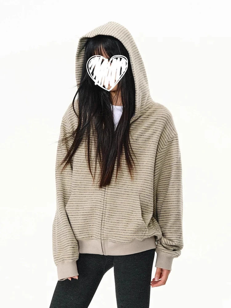 

Повседневная свободная толстовка на молнии с капюшоном в полоску, в американском стиле, с оригинальным дизайном, на раннюю осень