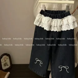 Jeans 2024 Girls Autumn Winter New Korean Lace Waist Bow Velvet Jeans Tide Teenage Girls Clothing Girls Pants