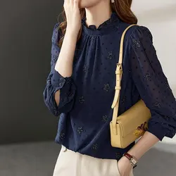 Female Clothing Casual Solid Color Blouse Stylish Dot Floral 2024 Spring Autumn Commute Ruffles Stand Collar Korean Button Shirt