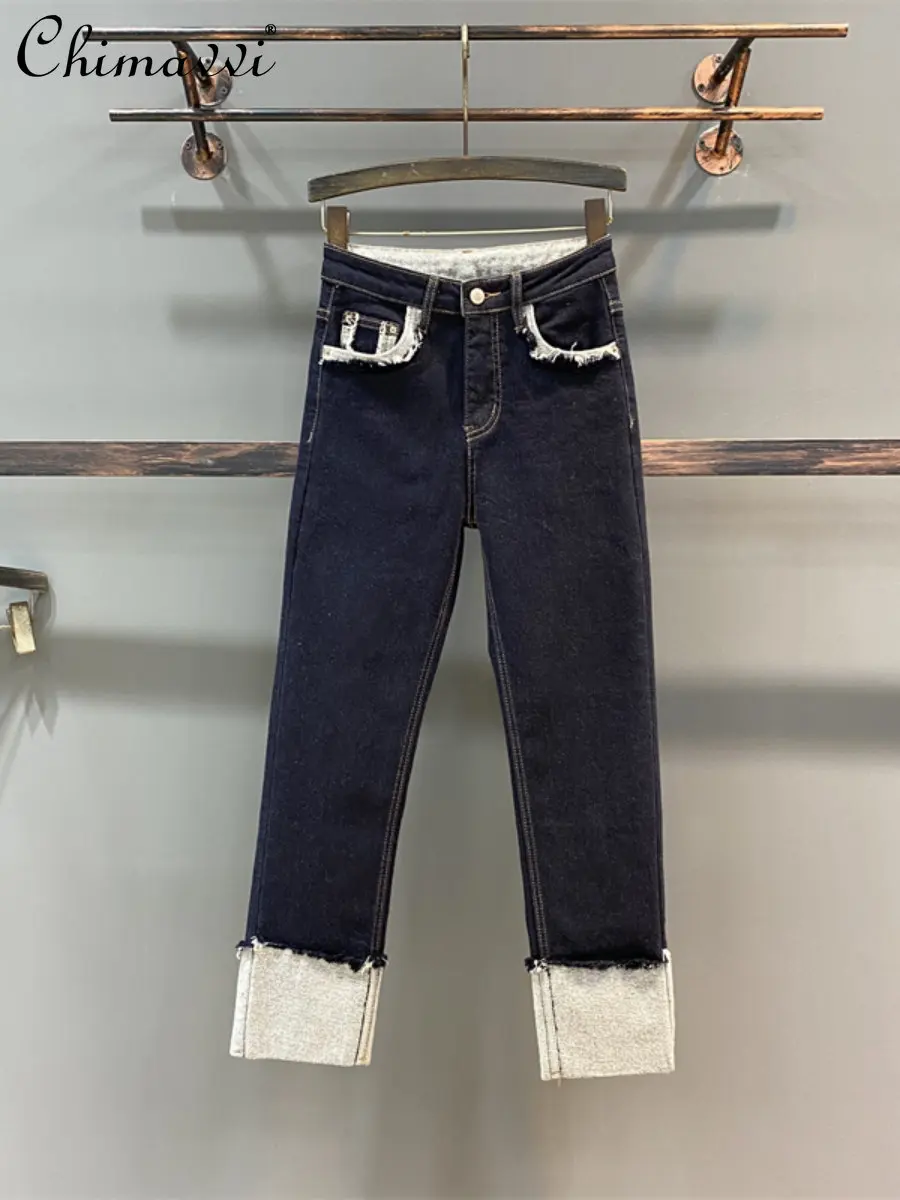 

Winter Fleece Lined Sanded Retro Straight Jeans Women's Fashion Color Contrast Design Stretch Slim-fit Flanging Cigarette Pants