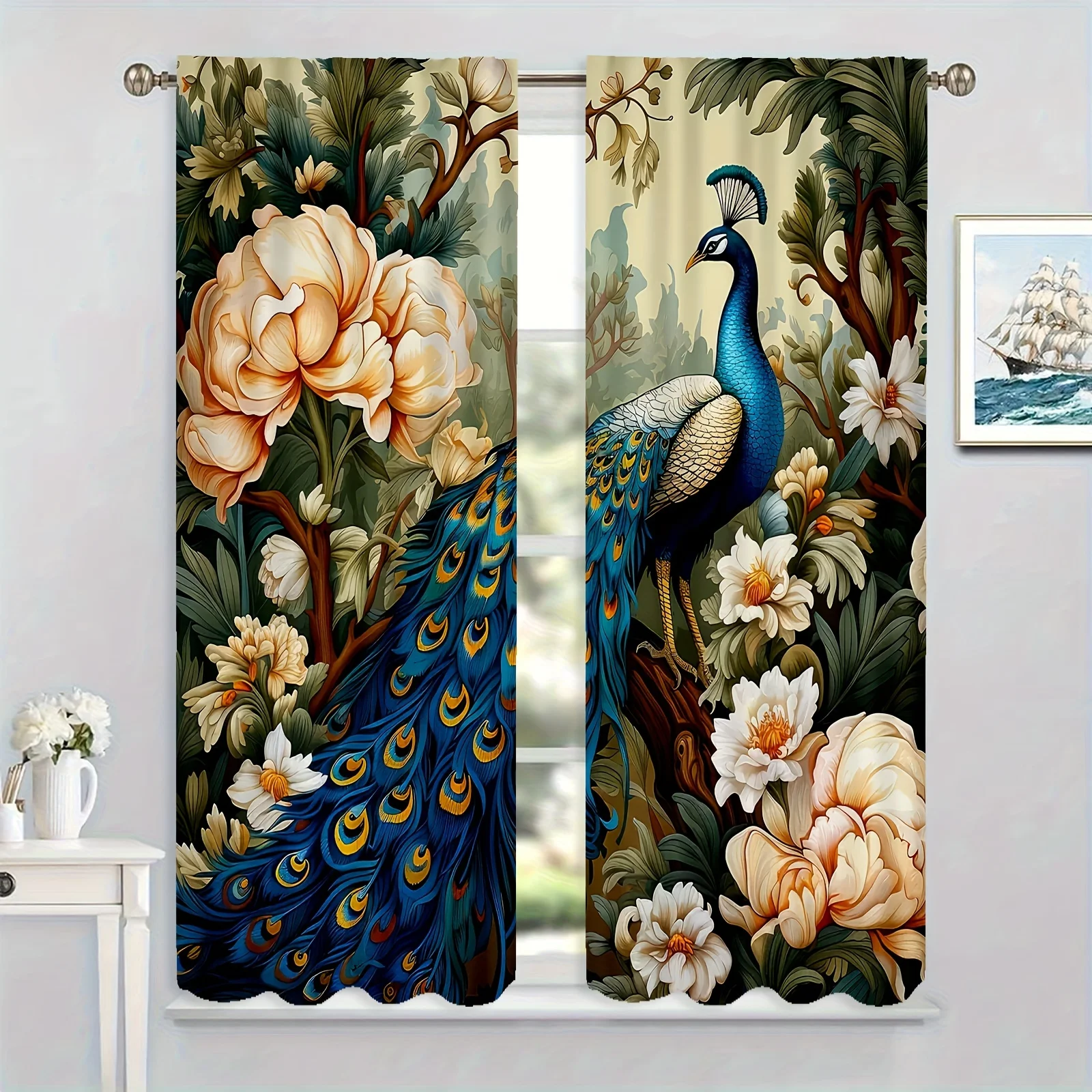 2pcs HD Digital Printing Curtains Home Decor Style Living Room Bedroom Rod Pocket Curtains National Flowers Blue Peacock Print