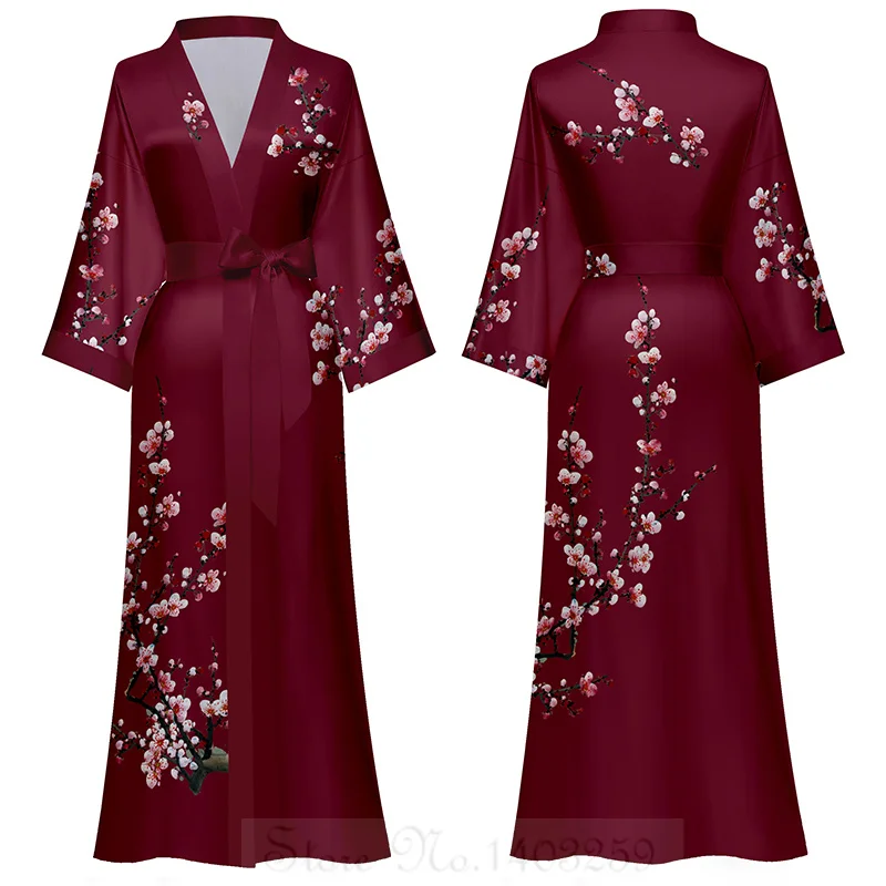 Female Long Robe Sleepwear Yellow Print Flower Half Sleeve Kimono Bathrobe Gown Nightdress Loose Satin Home Wear Loungewear