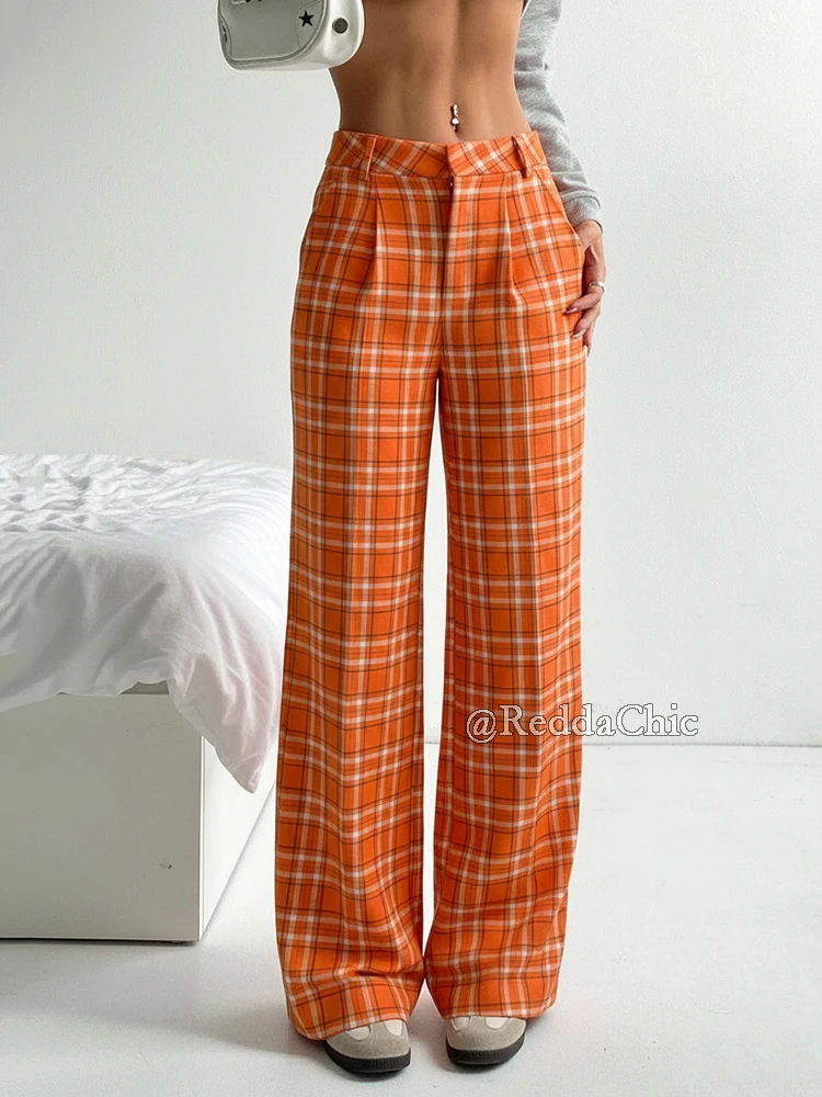 REDDACHiC Pantaloni scozzesi alla moda a gamba larga Pantaloni da ufficio vintage pieghettati sul davanti Tasche a vita alta Pantaloni svasati Salotto Abbigliamento donna