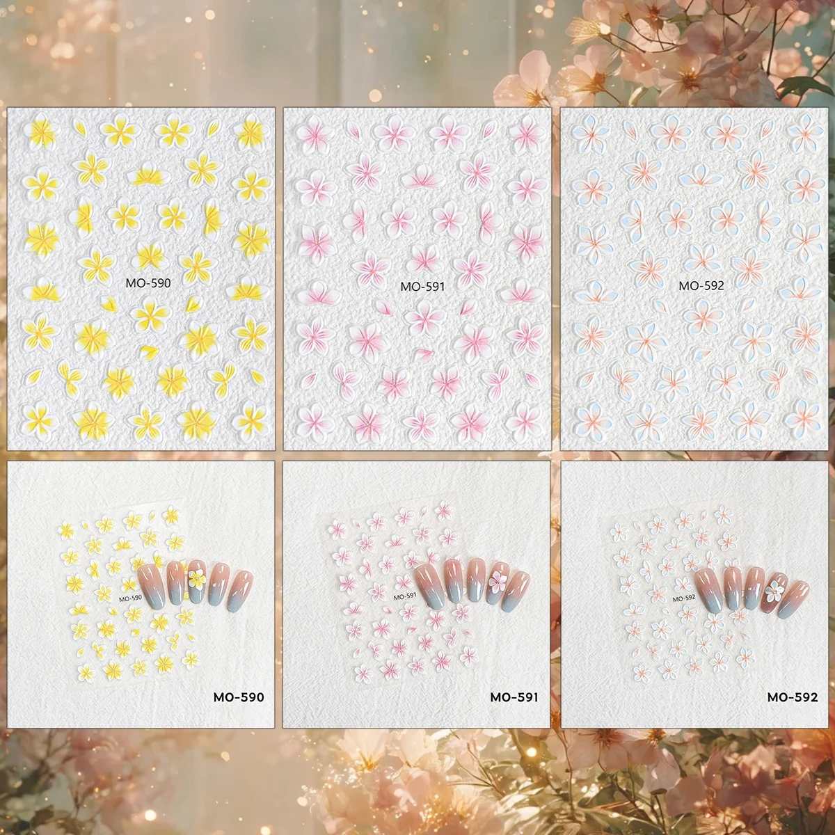 3 to 15 Sheets 5D Embossed Flower Nail Stickers, Pastel Frangipani Floral Nail Art Decals for Spring Summer DIY Manicure