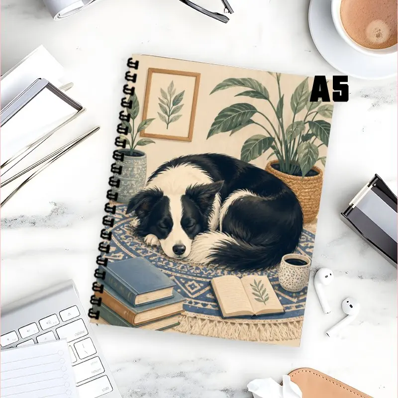 A5 Journaling Notebook, Cute Sleeping Black White Border Collie Cozy Boho Home Pattern Composition Work Meeting Notes To Do List
