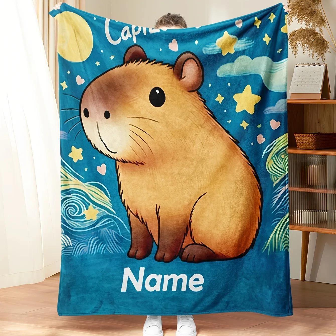 VIKAMA Capyfish Starry Sky Blanket Van Gogh Style Starry Sky Cute Pet Print Skin Warm Living Room Bedroom Sofa Cover Blanket