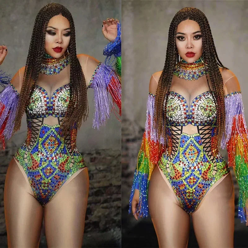 

Women Shining Diamond Colorful Tassel Skinny Bodysuit Mesh Transparent Nightclub Singer Costume Evening Prom Drag Queen Outfit