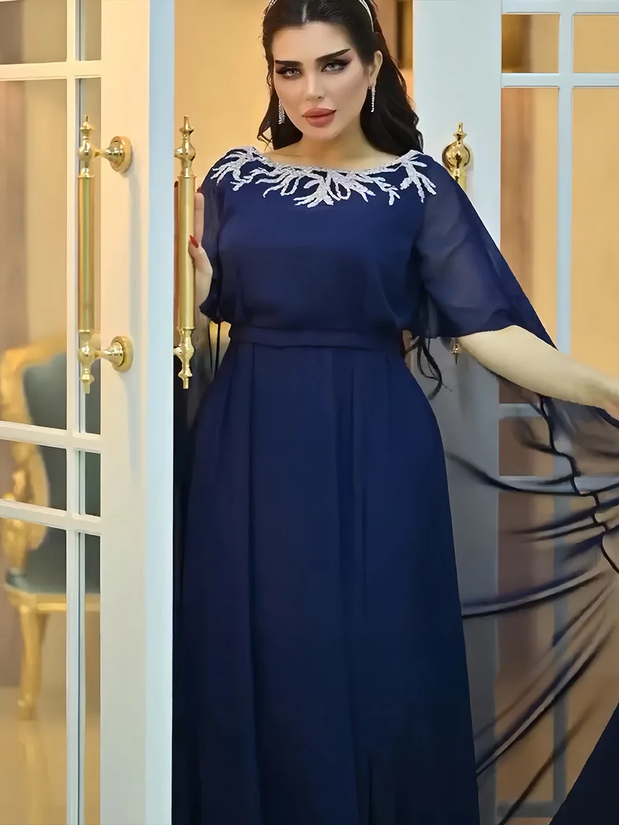 Dubai Fashion Elegant Cape Long Sleeve Long Dress Chiffon Diamonds Appliques Belted Party Abayas Arab Saudi Women Robe Summer