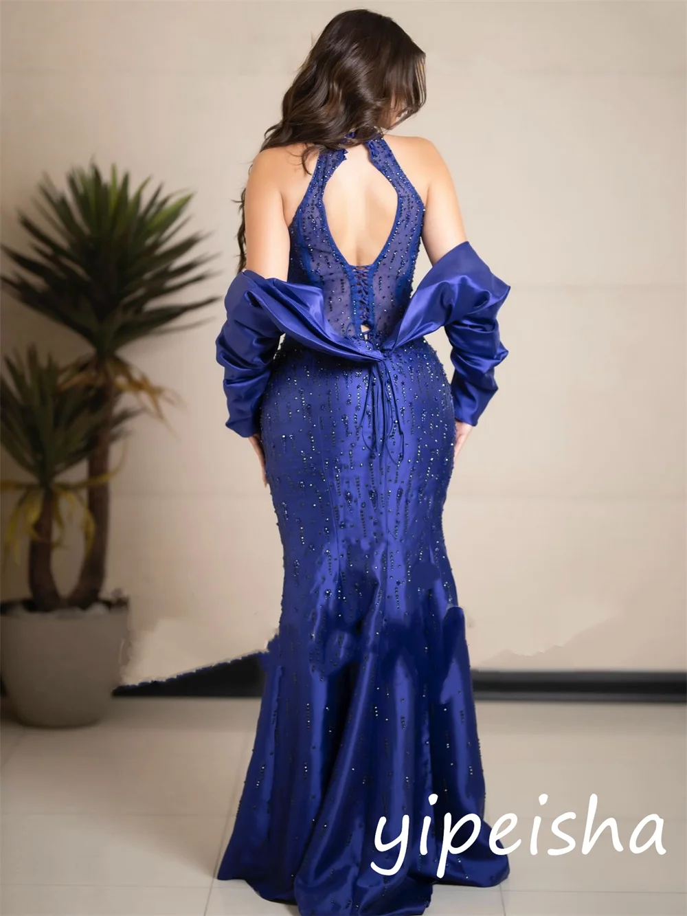 Customized Sizes Available Charmeuse Sequined Pleat Trumpet Halter Long Dresses Bespoke Occasion Sparkle