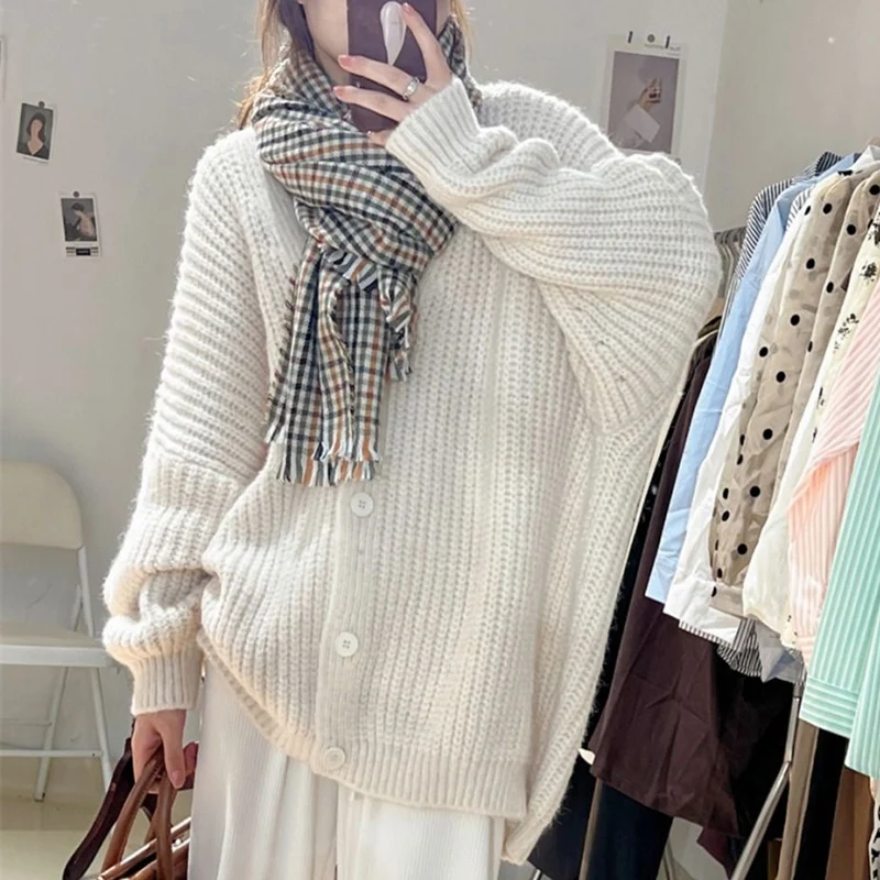 Candy Colors Knitted Cardigan for Women Autumn Winter Long Sleeve Loose Cardigans Woman Chic Lazy Wind V Neck Sweater Coats