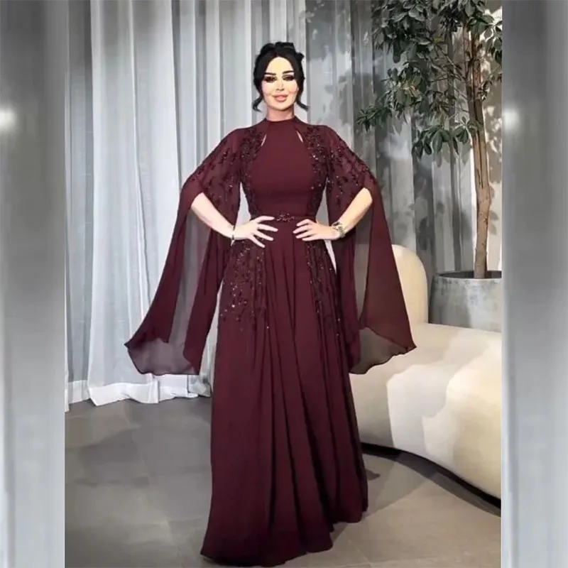 Elegante vestido de fiesta de gasa con cuello alto y lentejuelas, vestido de noche de compromiso fruncido, Arabia Saudita, ocasiones especiales