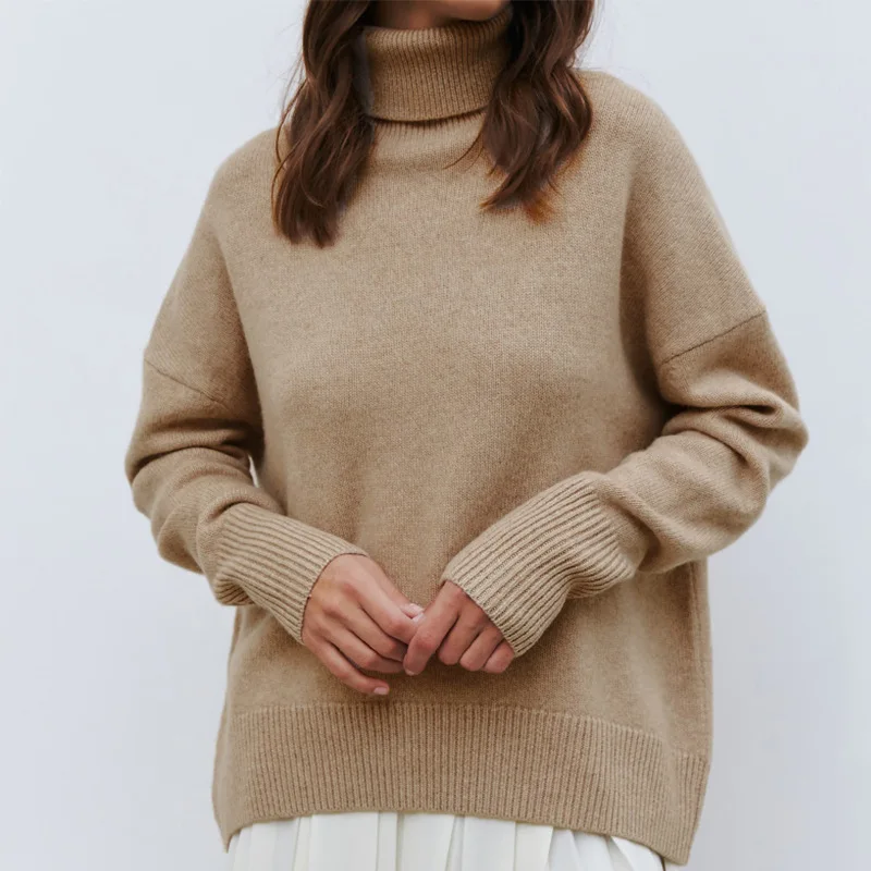 

New Women's Solid Color Turtleneck Sweater Autumn Winter Pullover Sweater Top Women's Casual Loose Knitted Sweater