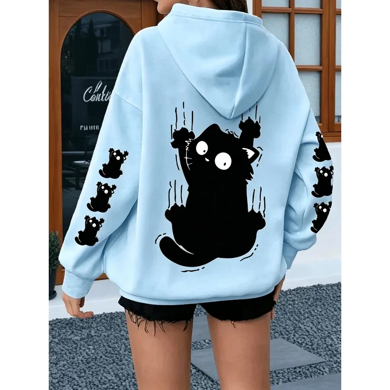 Scared little black cat minimalist black and white print hoodie for large size women's sweatshirt winter clothes women