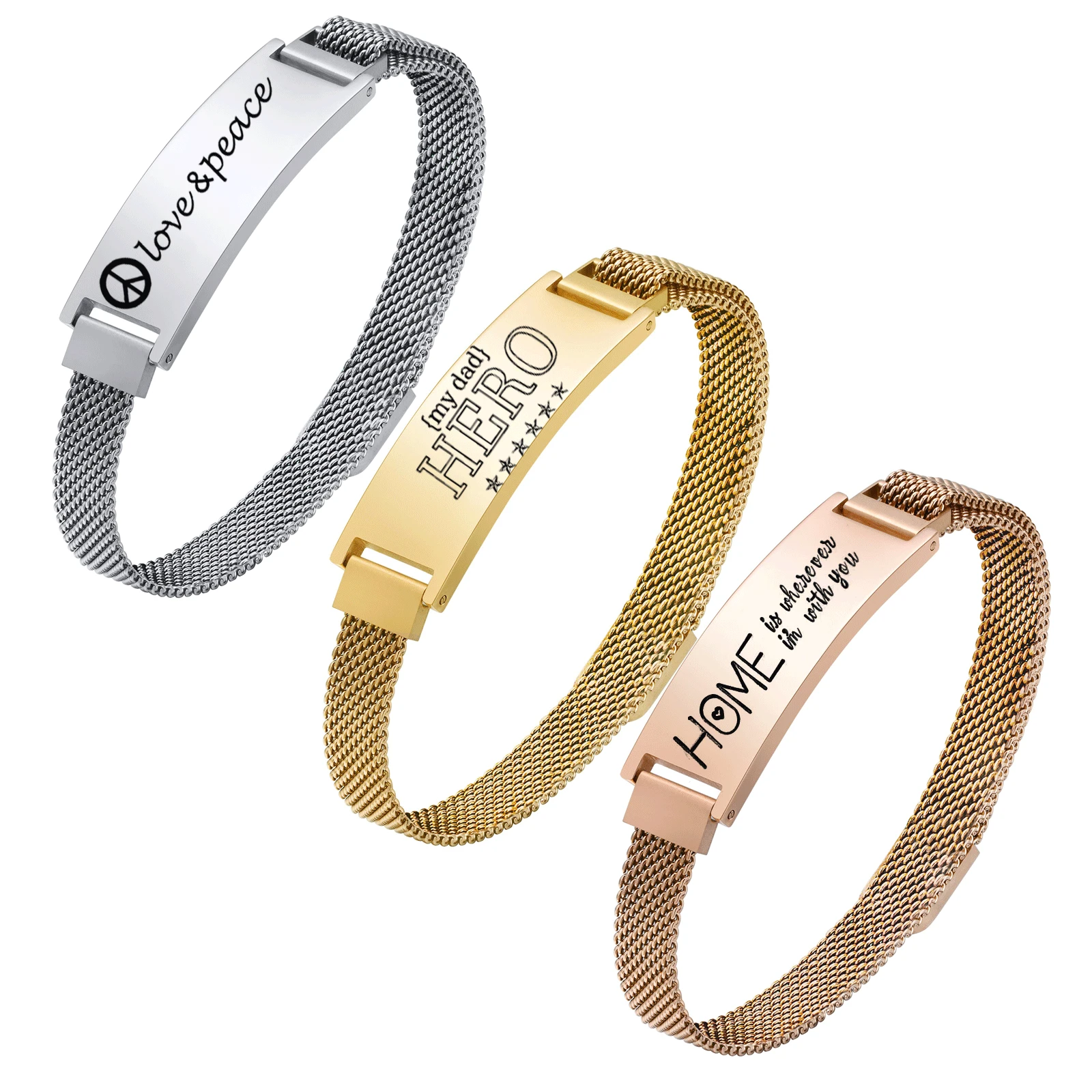 Fino magnético ID malha pulseiras para homens e mulheres, personalizado aço inoxidável charme, pulseira presente, palavras personalizadas, nome e número