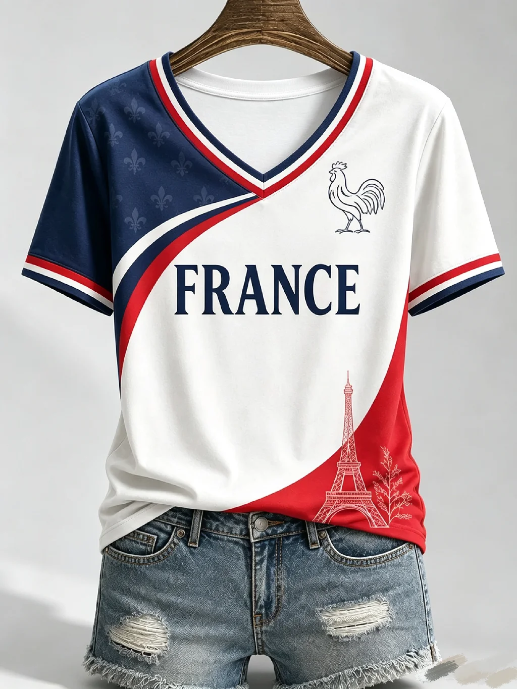 France Fan Inspired Soccer Jersey Rooster Eiffel Tower Graphic V Neck Quick Drying Unisex Red White Blue Sports Football T-shirt