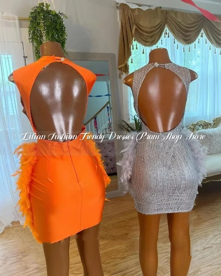 Orange Silver Sparkly Short Prom Homecoming Dresses for Black Girl 2025 Luxury Diamond Feather Birthday Gala Party Customised