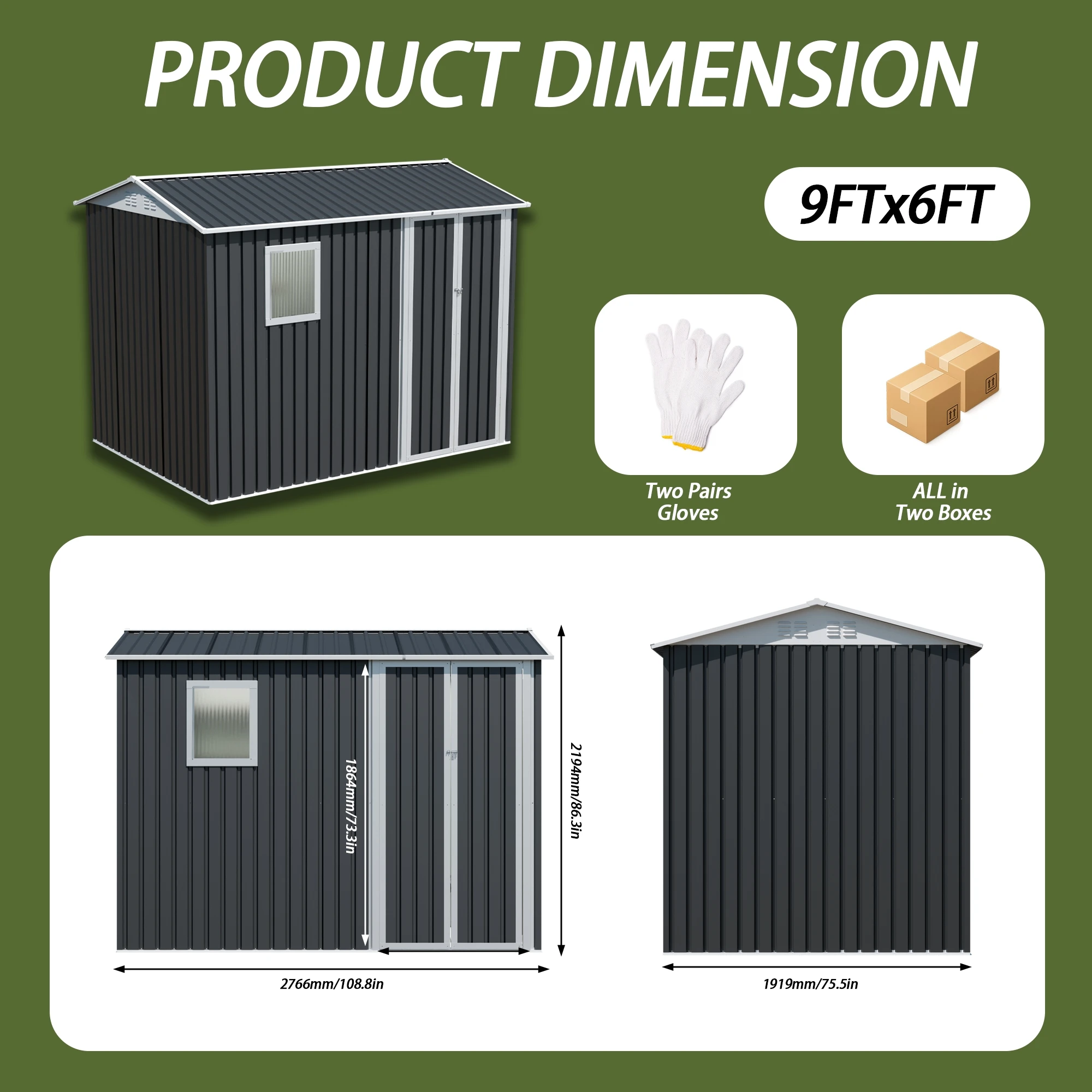 9x6 FT Metal Garden Storage Shed With 1 Window Hinge Doors Weatherproof Outdoor Patio Tool Storage Shed for Backyard