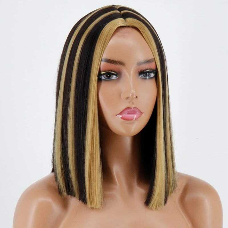 Peruca bob sintética reta média, preto escuro, marrom, peruca curta com franja, cosplay feminino, cabelo em camadas diário, resistente ao calor