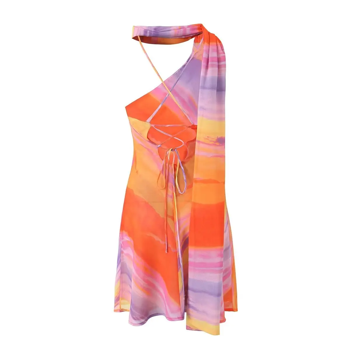 Sexy Halter Collar Orange Gradient Tie dye print Cross lacing up Bow Backless Sling Dress Women Irregular Mini Robe Vestido