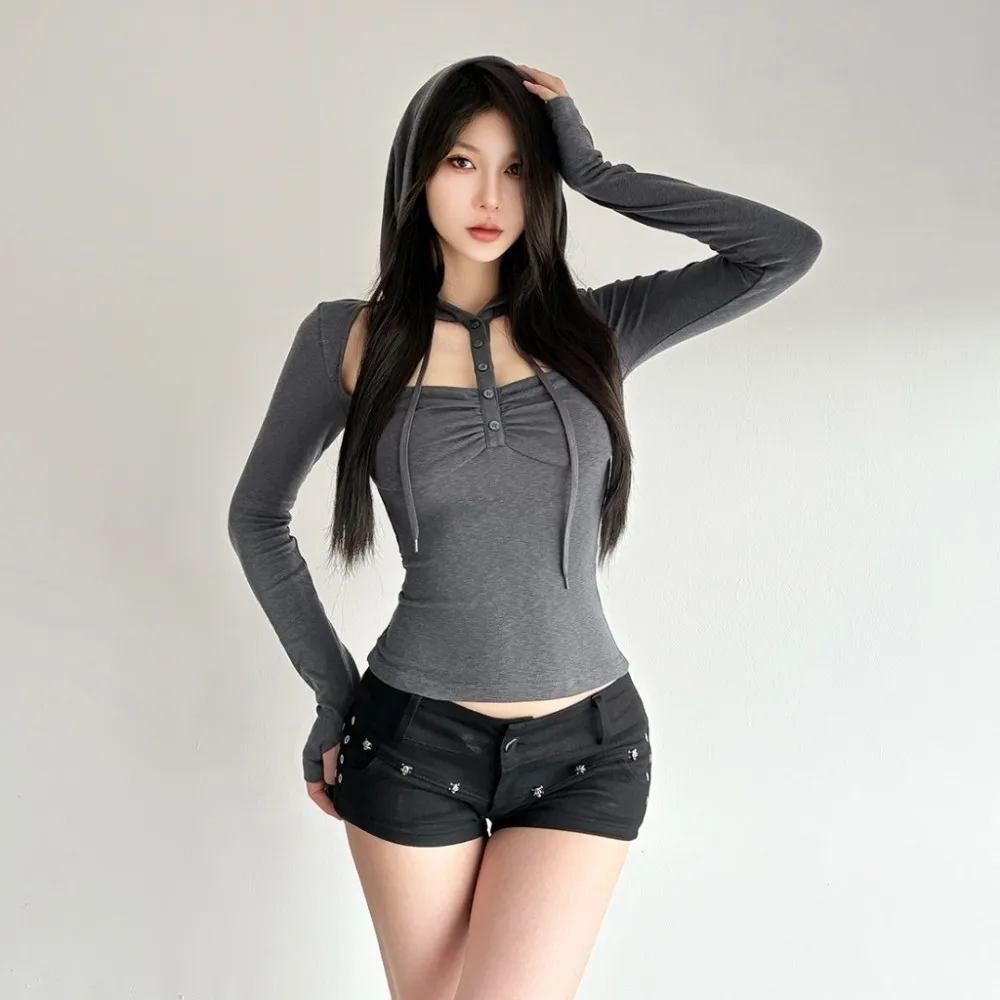 

SylCue повседневные модные футболки с капюшоном, женские узкие эластичные топы с полыми пуговицами и длинными рукавами, простые модные топы