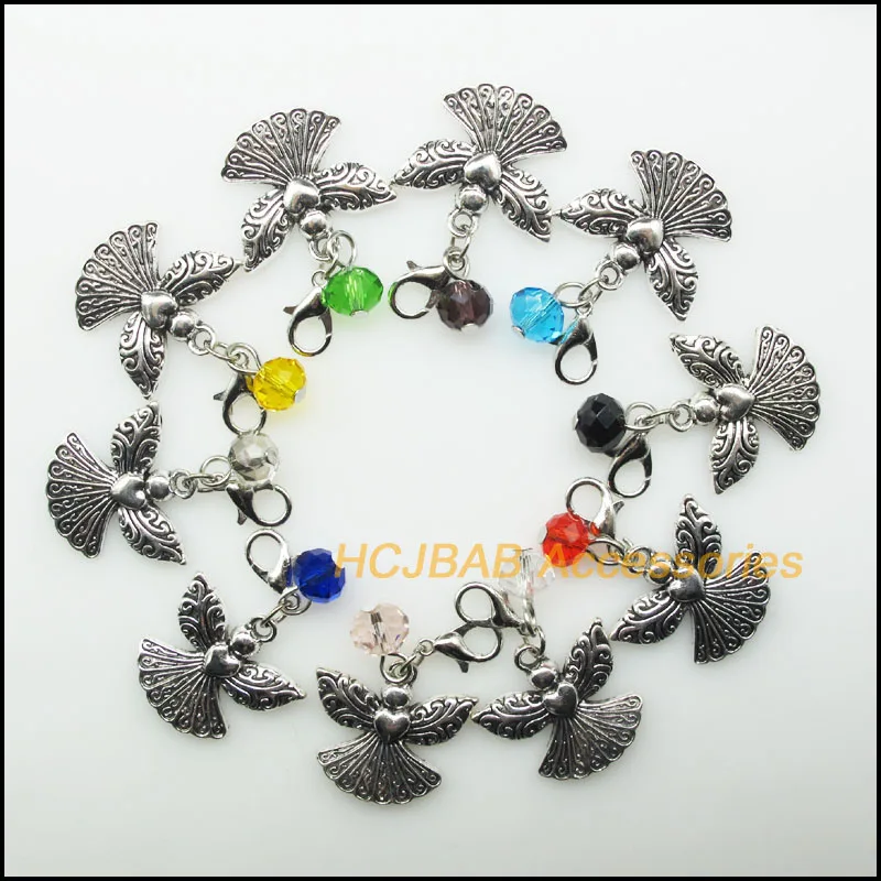 10 New Angel with Clasp Charms Tibetan Silver Plated Pendants Mixed Round Crystal 21x23mm