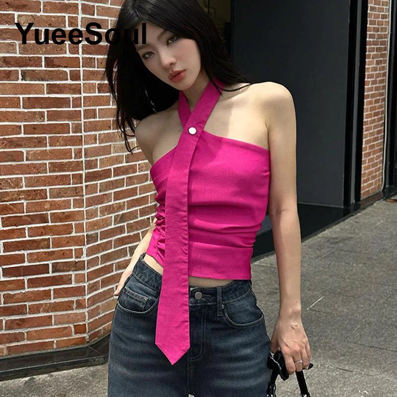 Y2k Aesthetic Crop Tops Pink Sleeveless Slim Sexy Tank Top Cute Sweet High Street Casual Camis 2024 New Summer Women Clothing