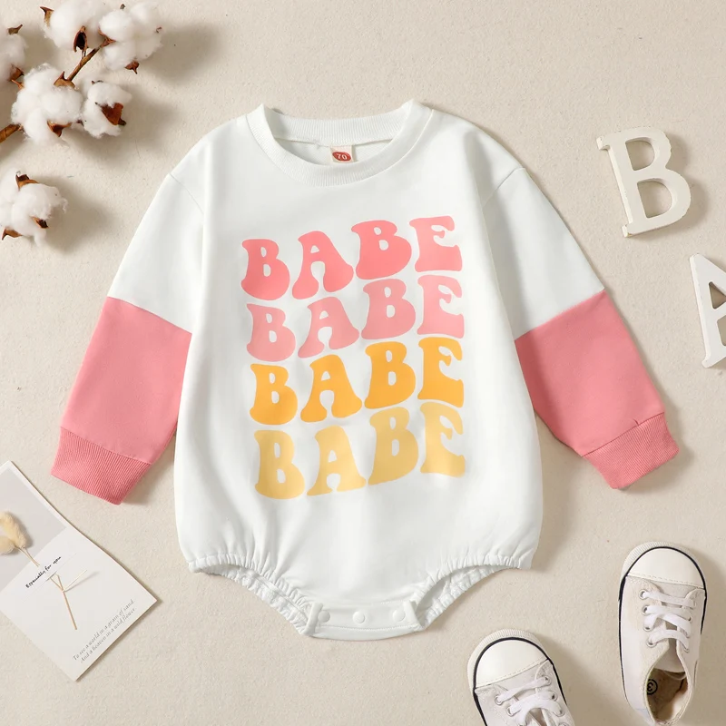 Infant Baby Autumn Spring Jumpsuit Contrast Color Letter Print Round Neck Long Sleeve Bubble Romper Baby Bodysuits Outfits