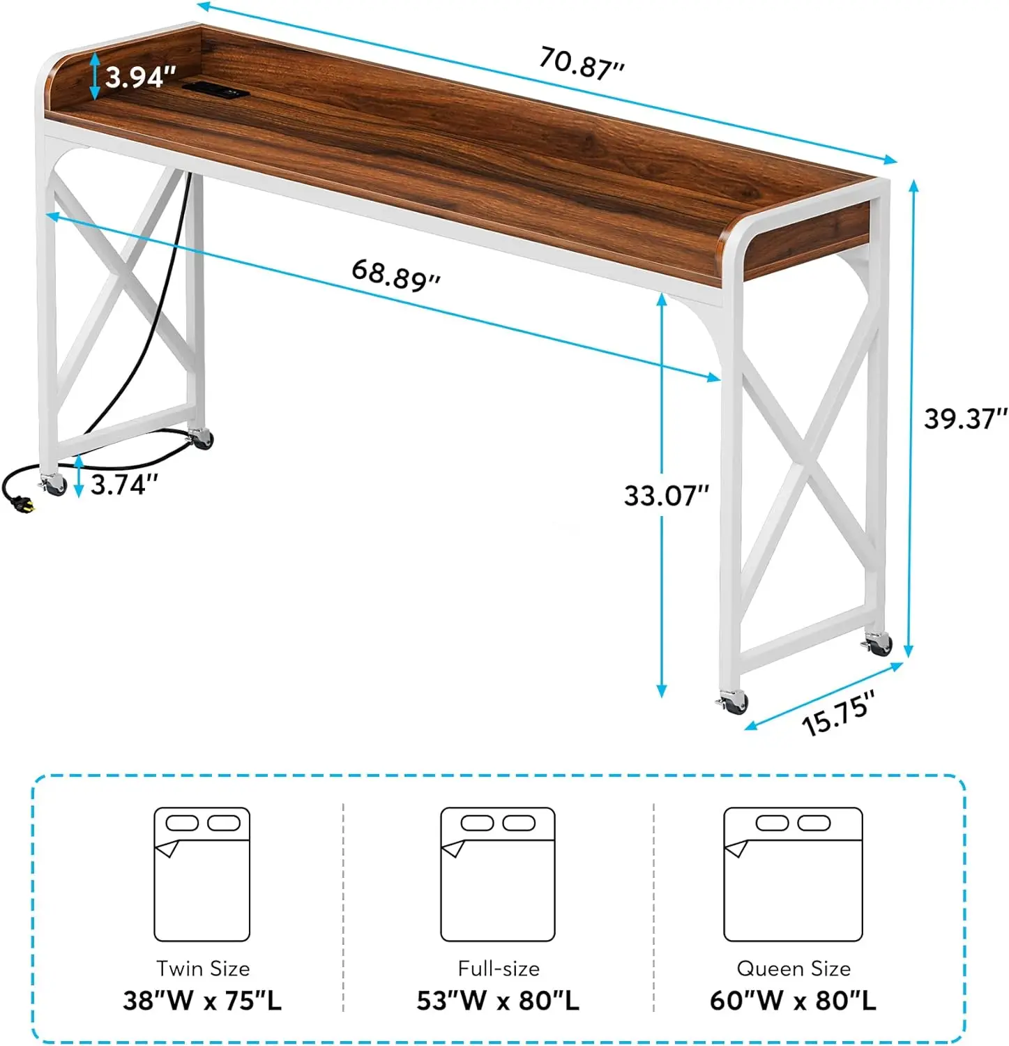 Over Bed Table with Wheels, 70.8" Overbed Desk with Outlet & USB, Mobile Queen Size Bed Table with White Metal Legs for Bedroom