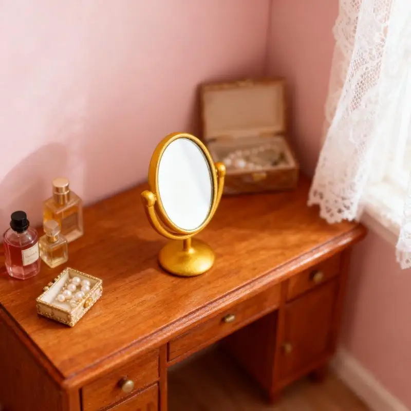 1Pcs 1:12 Dollhouse Mini Retro Mirror Dressing Table Vintage Bathroom Furniture Dollhouse Ornament Doll Accessories