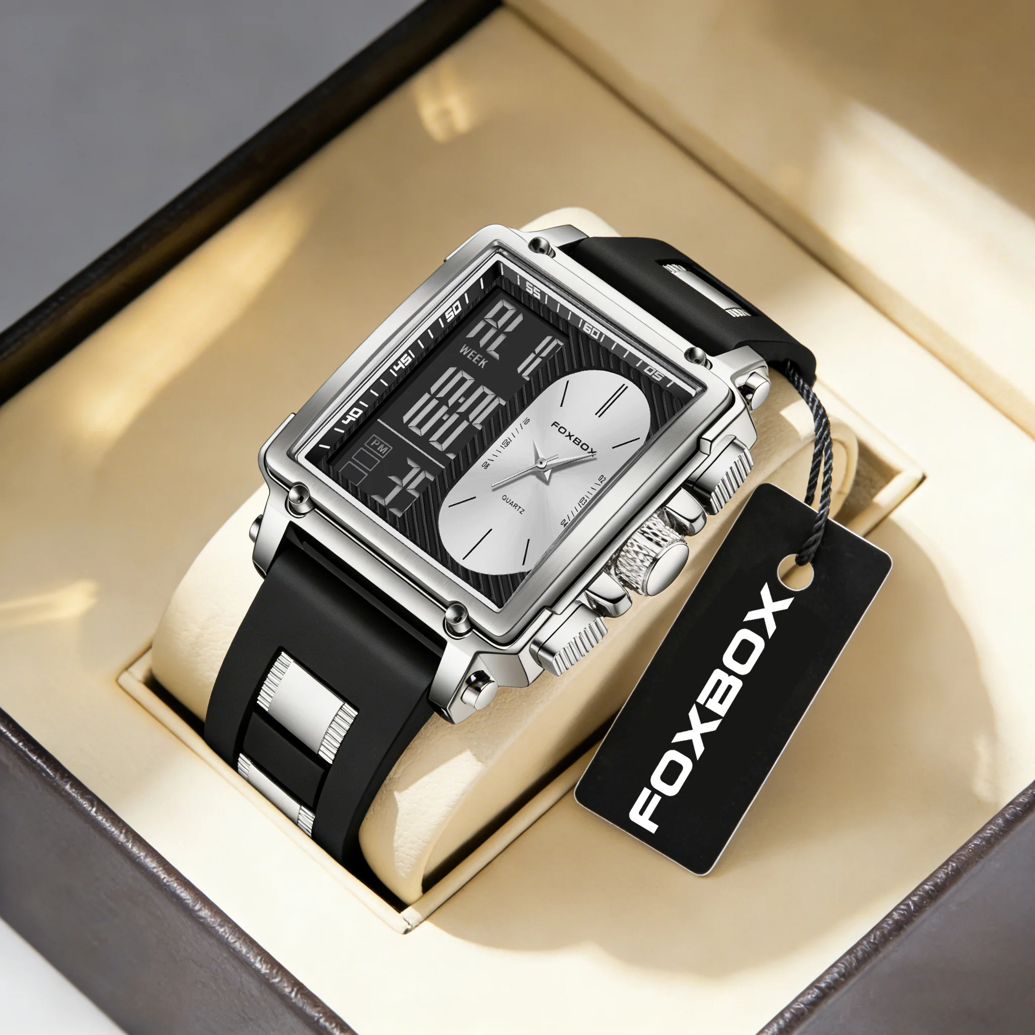 FOXBOX Sportuhren für Herren Silikonarmband Dual-Display Quadratische Quarz-Armbanduhr LED Leuchtend Kalender Wasserdichte Uhr Herrenuhr
